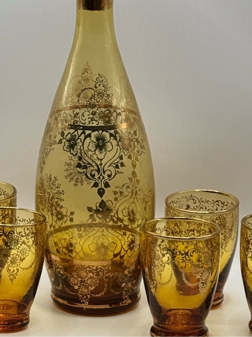 Vtg Laguna Murano Art Glass Decanter Set Amber/Gold Cordial Glasses 1920s Italy - Picture 11 of 11